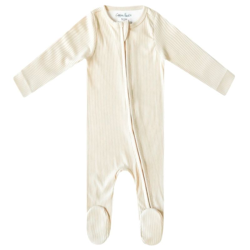 Copper Pearl Rib Knit Zip-Up Footie Pajamas - Moonstone