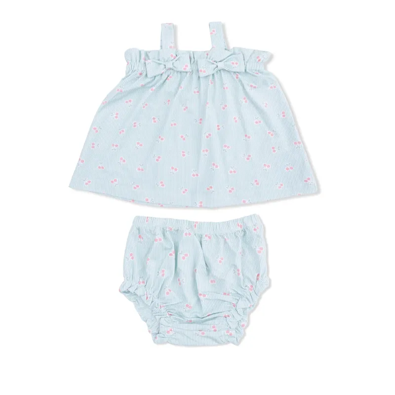Top with Bows and Ruffle Leg Bloomer - Tiny Cherry Stripe