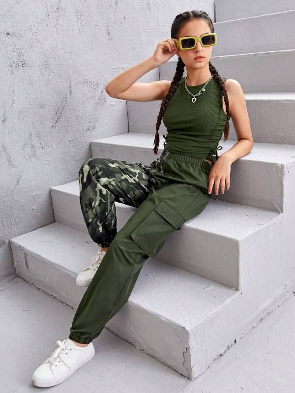 Teen Girls Solid Tank Top &amp; Camo Print Flap Pock