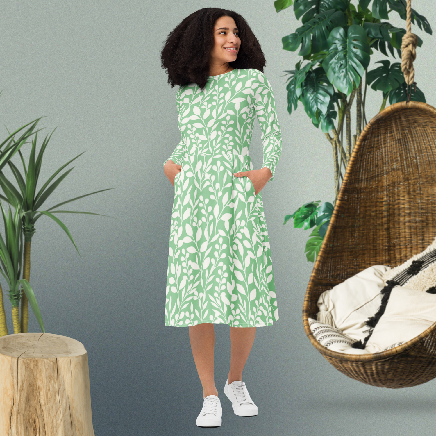Flower Long Sleeve Midi Dress