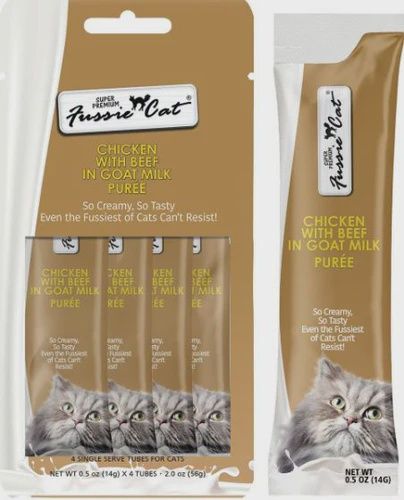FUSSIE CAT GF CHICKEN W/ BEEF IN GOATS MILK 4CT PUREE