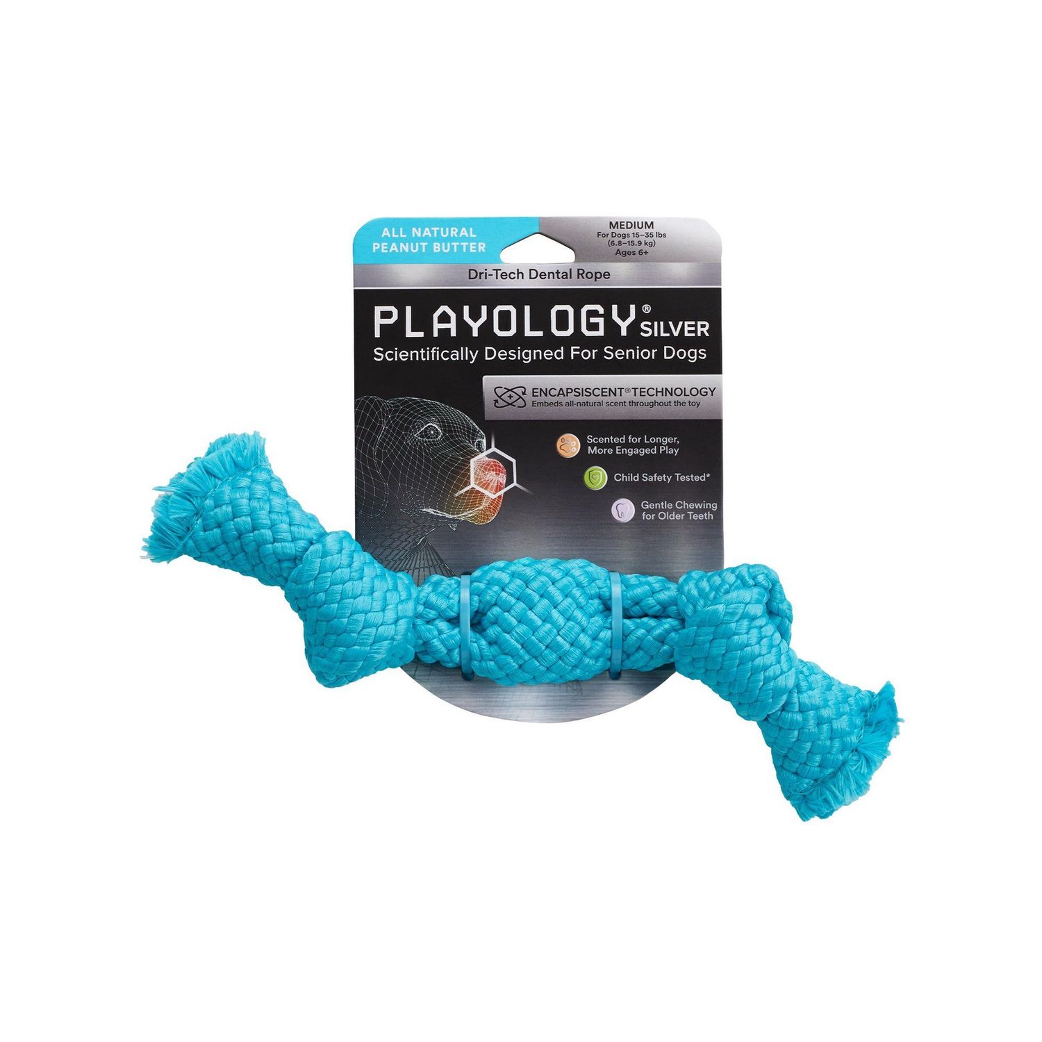 Playology Silver Dri-Tech Dental Rope Peanut Butter Scented Sr Dog Toy Medium