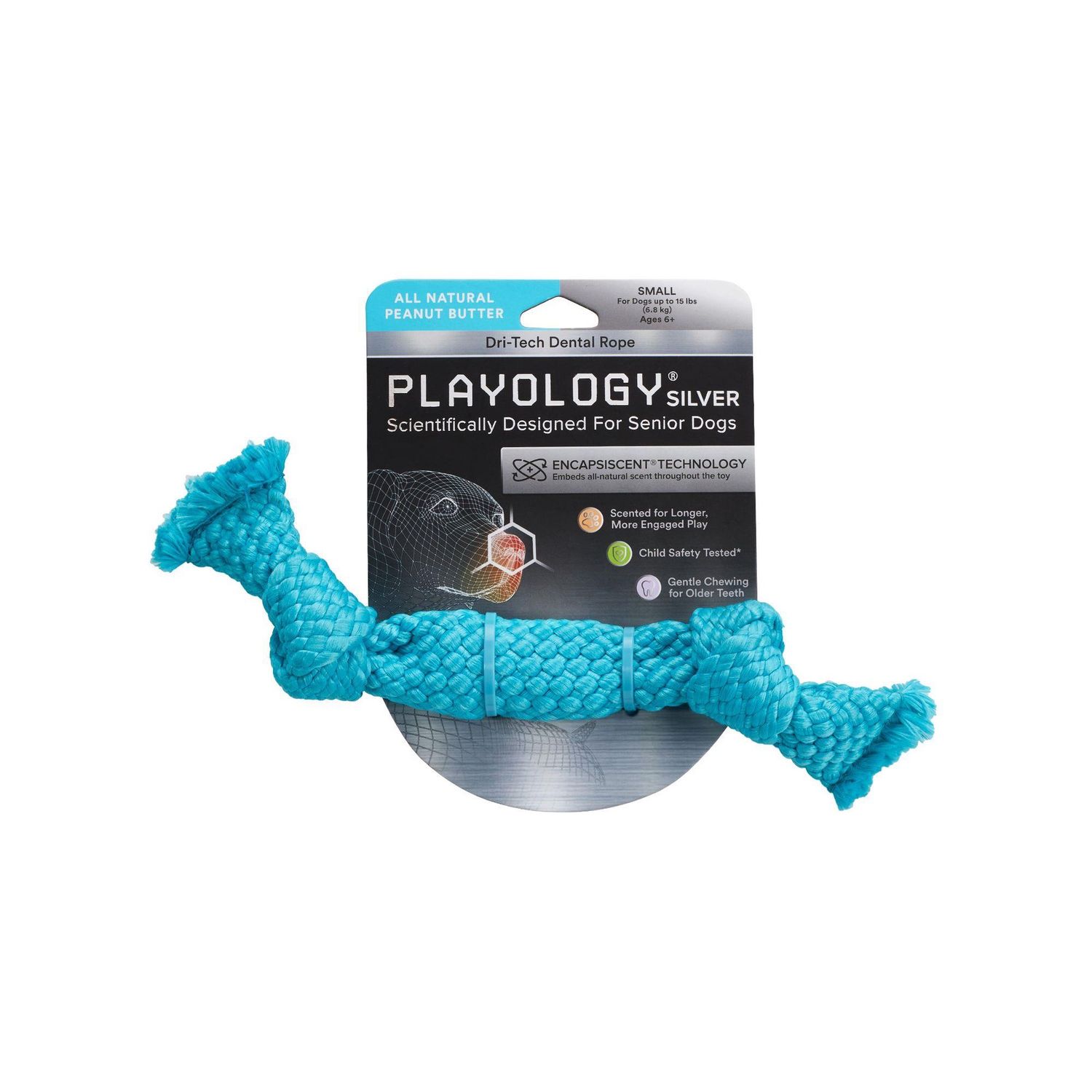 Playology Silver Dri-Tech Dental Rope Peanut Butter Scented Senior Dog Toy Small