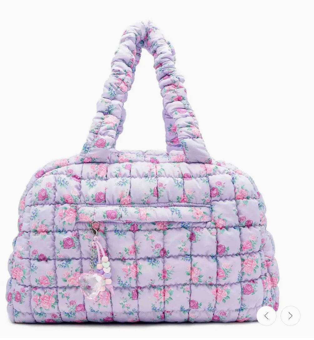 Quilted Scrunchies Floral Printed Medium Duffle Bag - Lavender Floral Print Scrunch