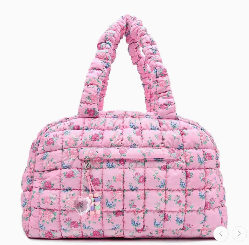 Quilted Scrunchies Floral Printed Medium Duffle Bag - Pink Floral Print Scrunch