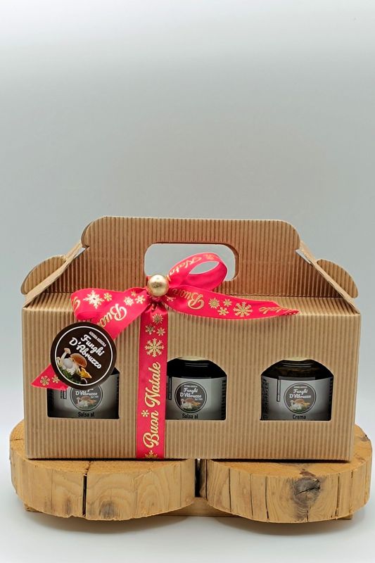 Confezione regalo da tre pezzi media: 1salsa tartufo nero 80g, 1 salsa tartufo bianco 80g, 1 crema porcino 80g.