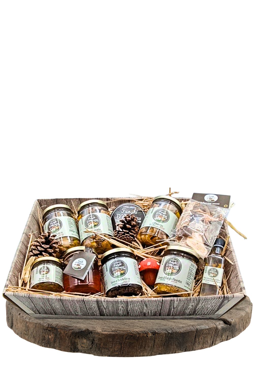 Cesto Grande 9 pz 1 porcino secco, 1 card. sott. 200g, 1 pl. sott. 200g, 1 misto sott. 200g, 1 olio tartufo, 1 salsa tartufo nero 180g, 1 salsa tartufo bianco 80g, 1 miele 250g, 1 crema pleos 180g