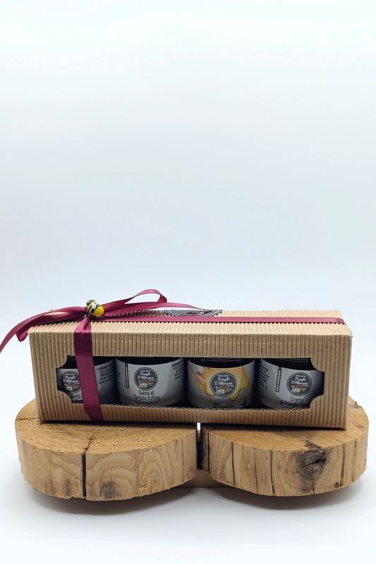 Confezione Regalo piccola da quattro con Crema Galletto & Tartufo Bianco 30 g - Salsa al Tartufo Estivo 30 g - Miele Millefiori da 50g - Crema Funghi Porcini 30 g