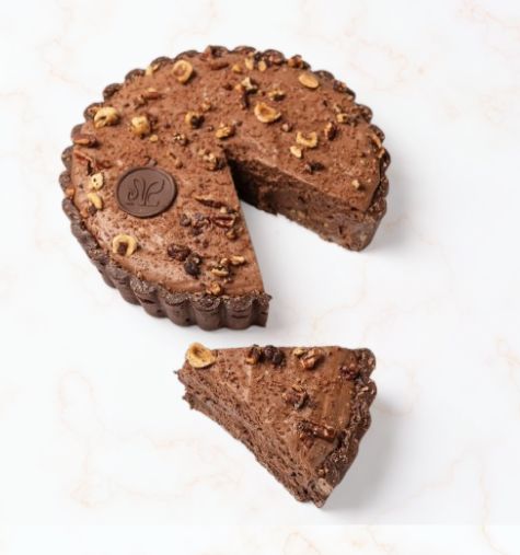 Mousse au chocolat, tarte sablée cacao, gianduja noix de pécan