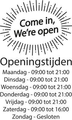 Openingstijden 28x47 cm.  leverbaar in 92 kleuren