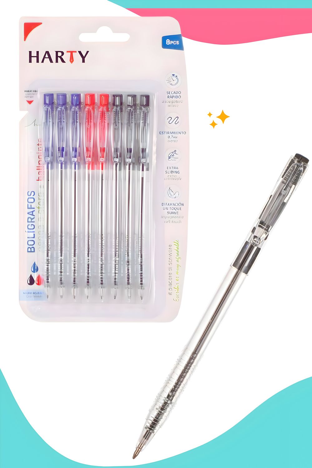 Bolígrafos c/8 pzas retráctil surtido HARTY