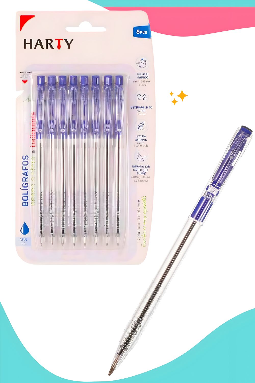 Bolígrafos c/8 pzas retráctil azul surtido HARTY