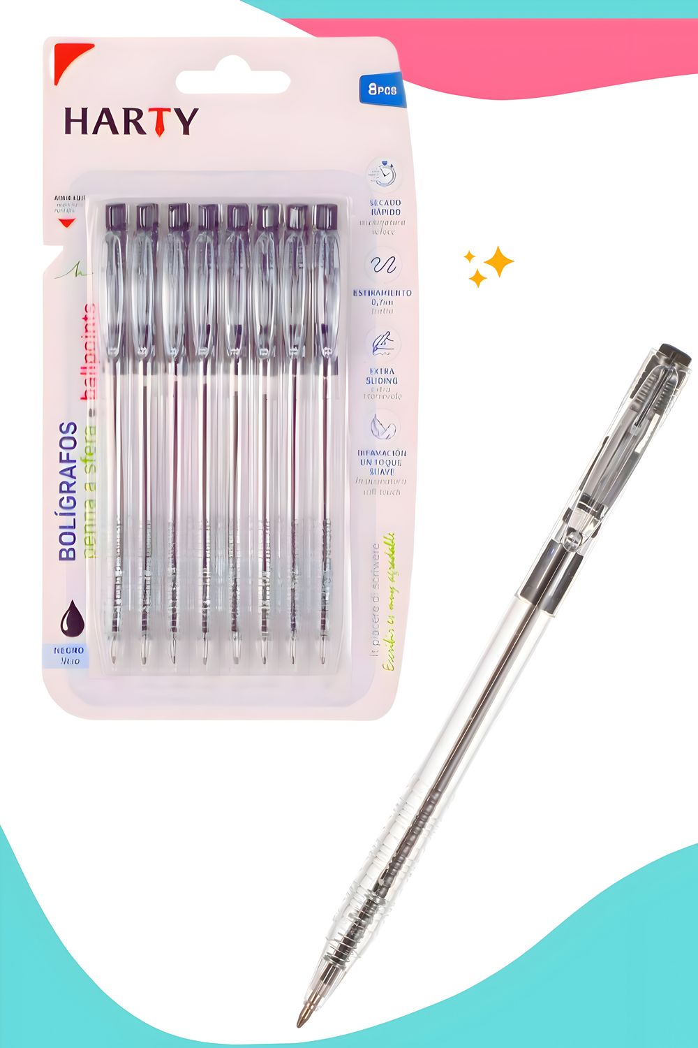 Bolígrafos c/8 pzas retráctil negro HARTY