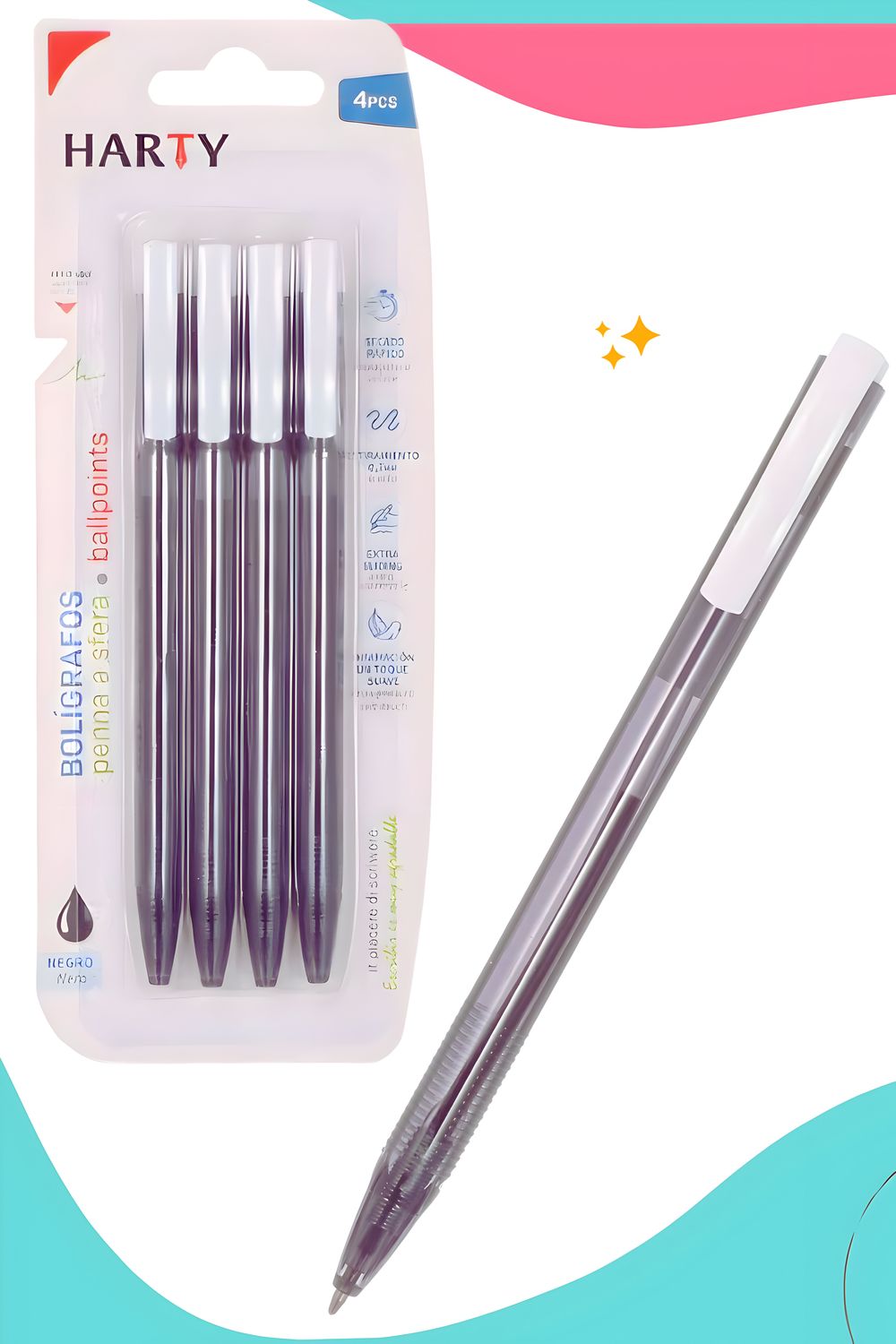 Bolígrafo retráctil c/4 negro HARTY