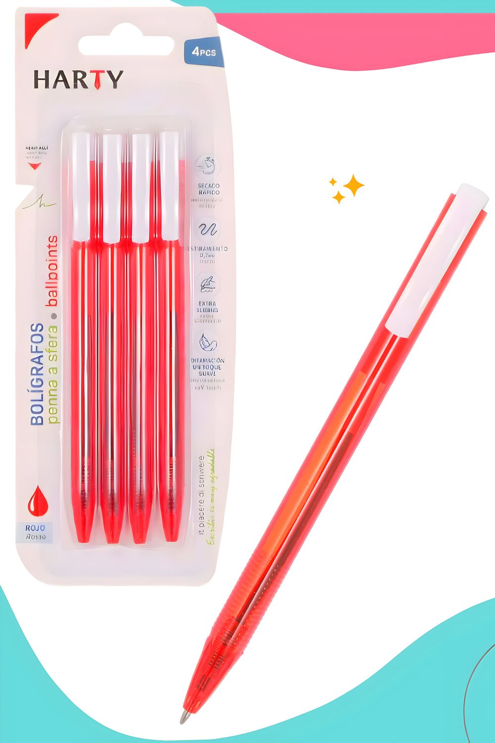 Bolígrafo retráctil c/4 rojo HARTY