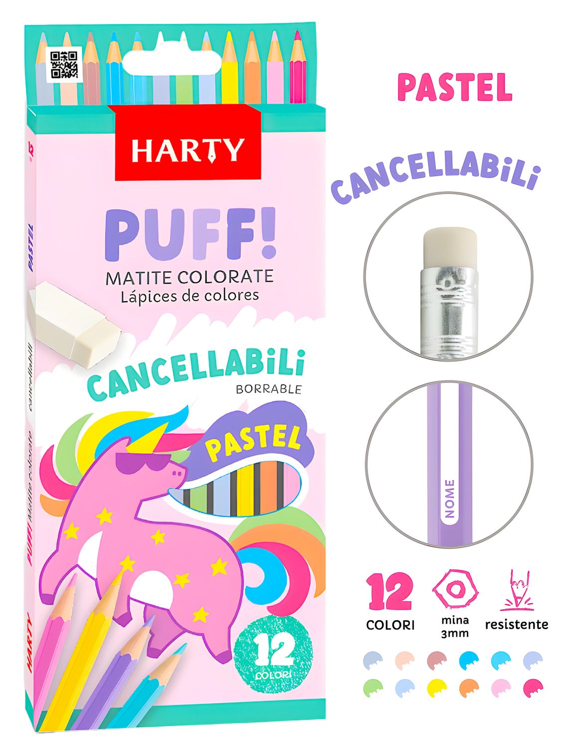 Colores c/12 borrables HARTY pasteles