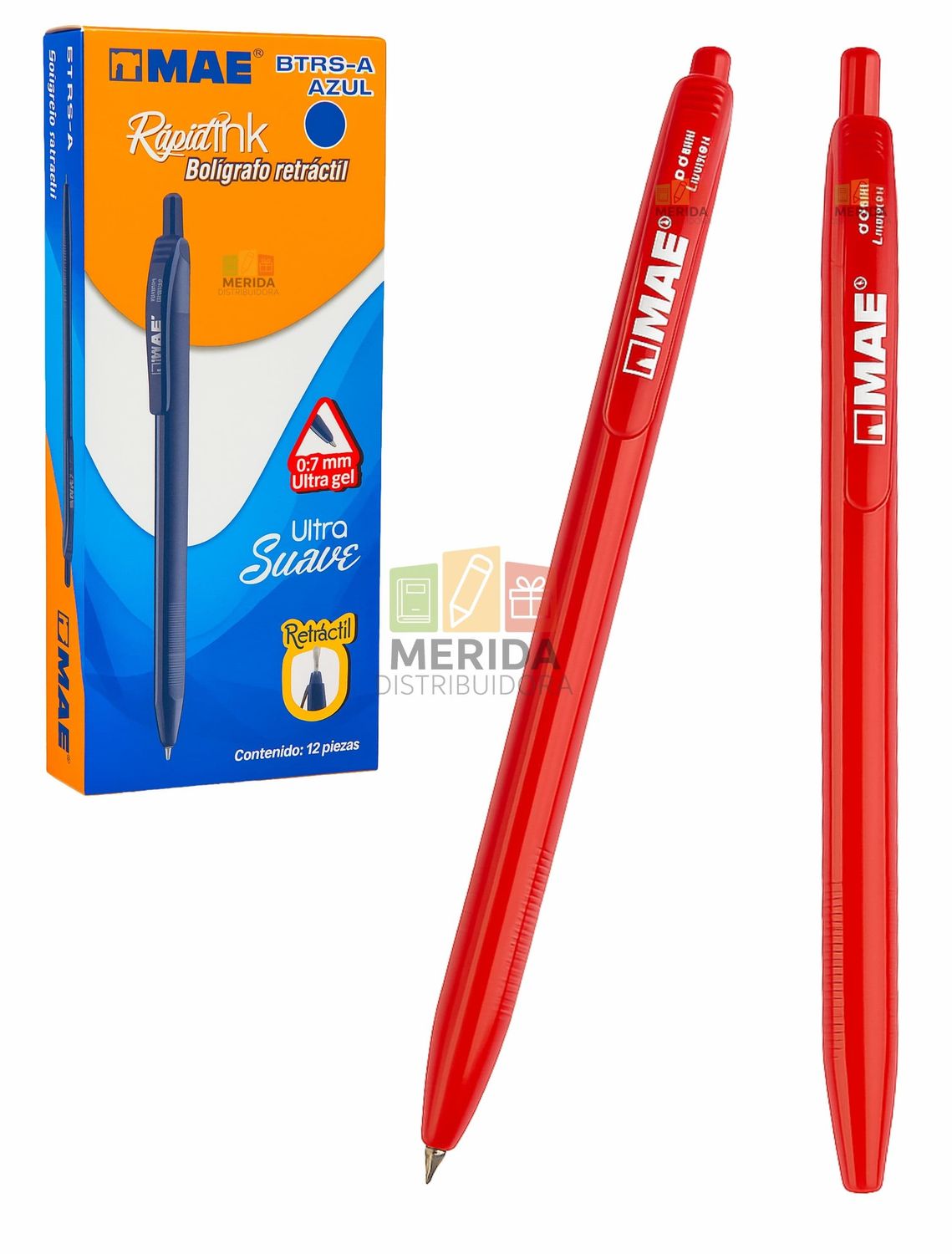 Bolígrafo c/12 Retráctil 0.7 mm rojo