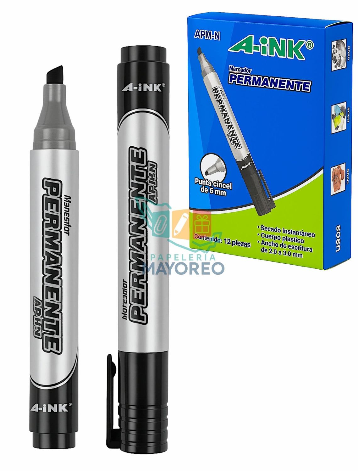 Marcador Permanente APM-N Punta Cincel – C/12 Negro