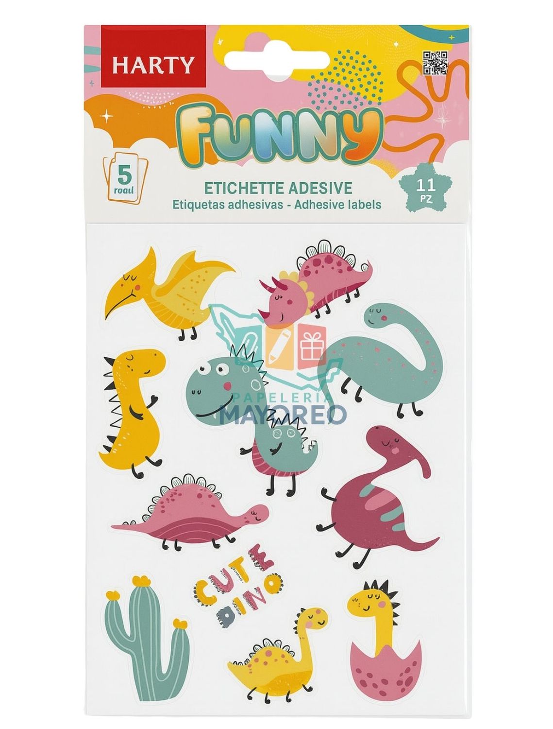 Etiquetas Adhesivas DINOSAURIOS CUTE   -paq. c/5 Hojas