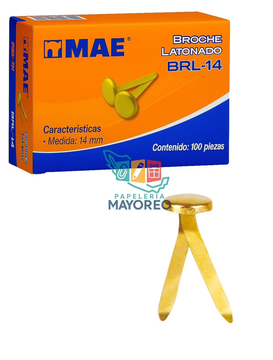Broche latonado 14mm MAE- caja con 100 piezas