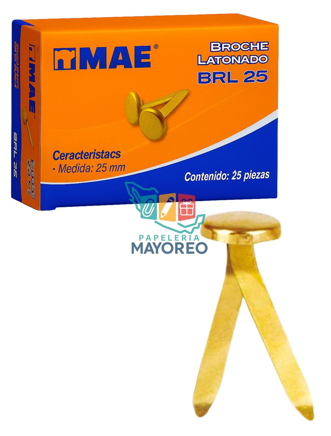 Broche latonado 25 mm MAE- caja con 100 piezas