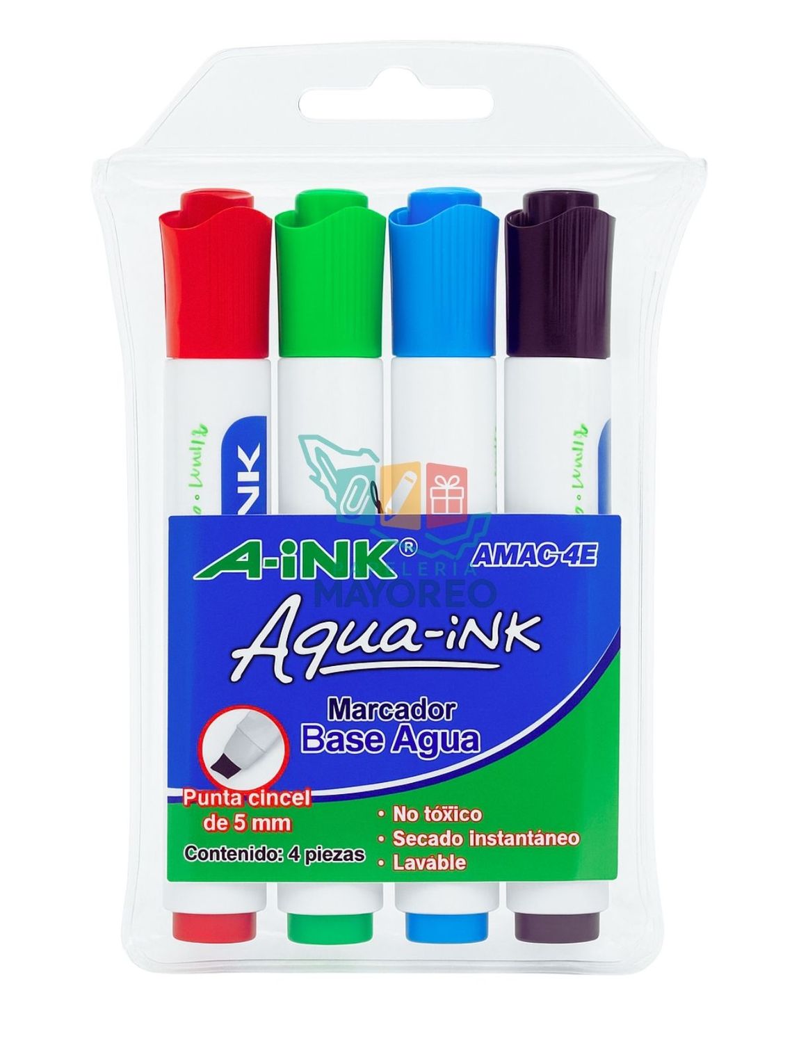 Marcador base agua A-ink c/4 punta cincel 5mm