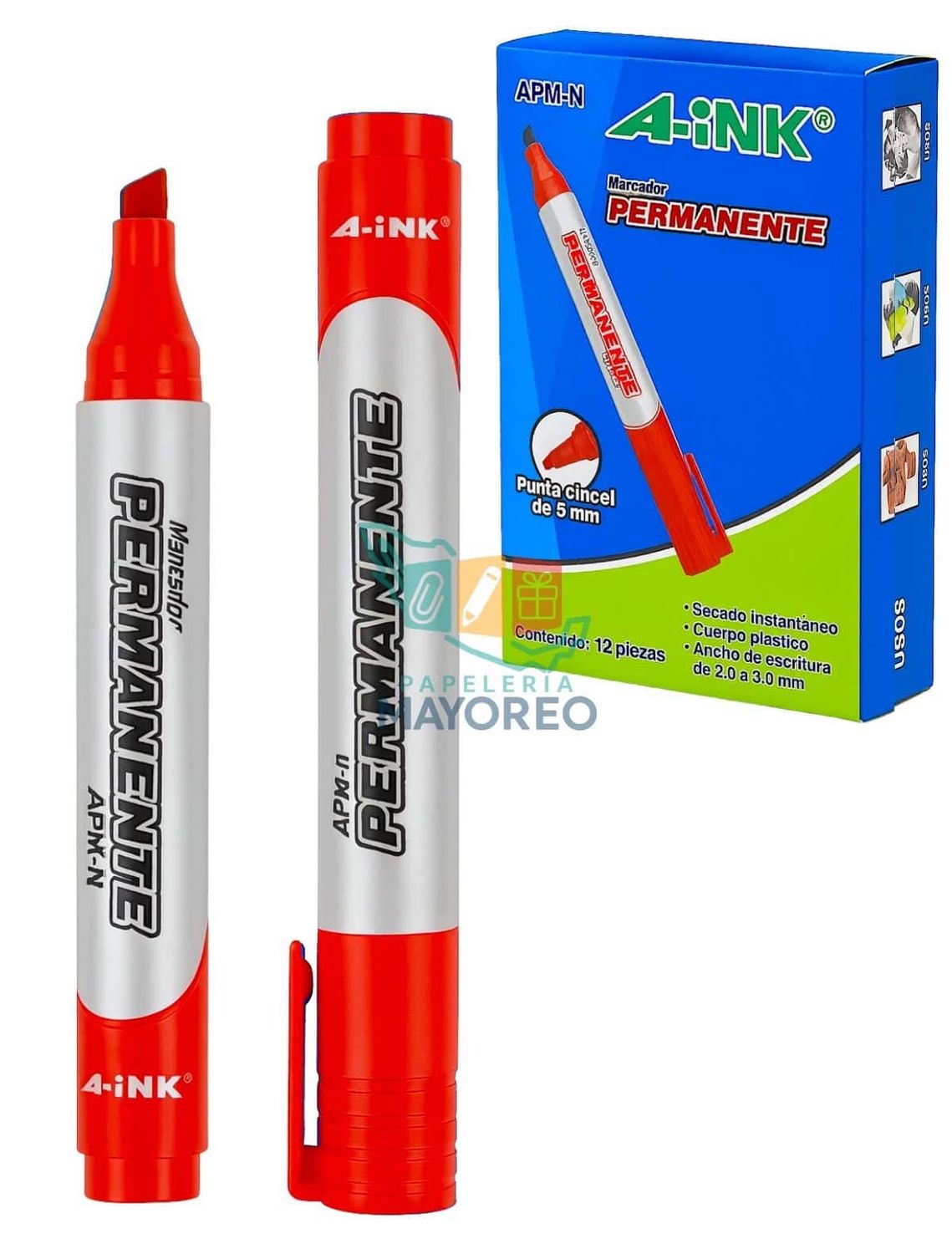 Marcador Permanente APM-N Punta Cincel – C/12 Rojo