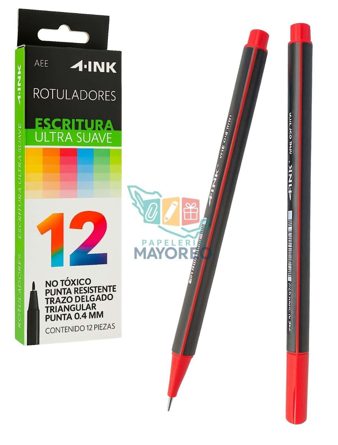 Rotuladores AINK ROJO Escritura  0.4 mm con 12 pzas
