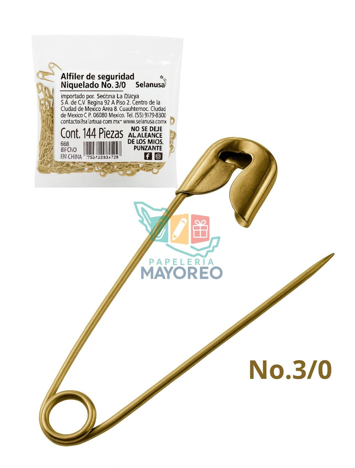 Alfiler de seguridad dorado c/144 #3/0 Selanusa