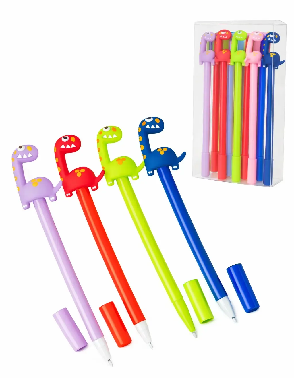 Venta al mayoreo de estuche con 12 plumas de gel dinosaurio punto fino tinta azul en México.