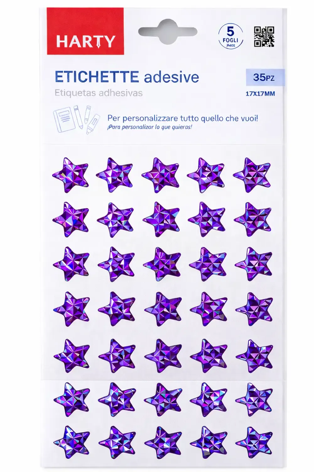 Paquete de stickers con 5 planillas de estrellas moradas al mayoreo en México.