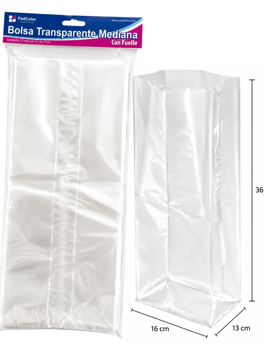 Bolsa Celofán Mediana (16x36x13 cm) - 25 pzas Mayoreo bolsa celofan mediana fuelle mayoreo mexico paquete 25 piezas