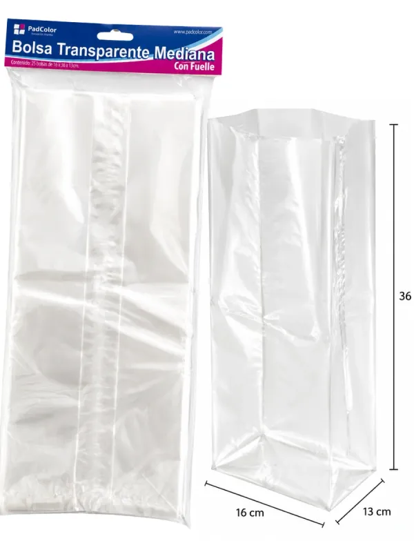 Bolsa Celofán Mediana (16x36x13 cm) - 25 pzas Mayoreo bolsa celofan mediana fuelle mayoreo mexico paquete 25 piezas