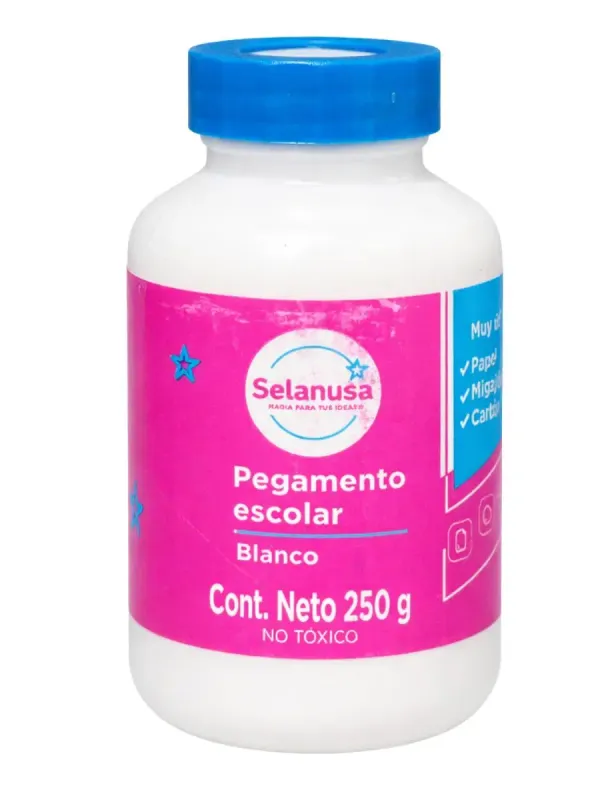 Envase de pegamento blanco Selanusa de 250 ml.