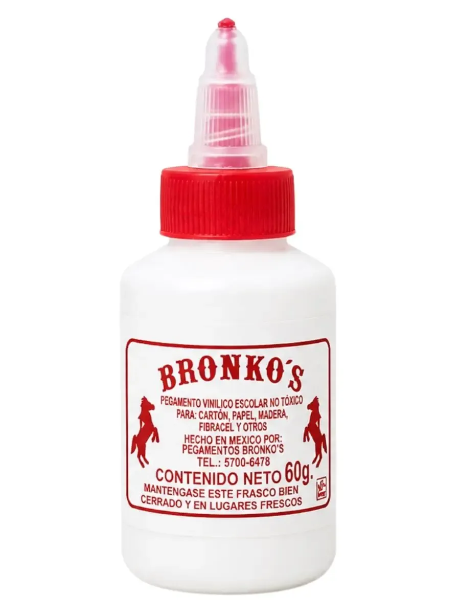 Pegamento líquido blanco Bronkos de 60 ml para uso escolar.