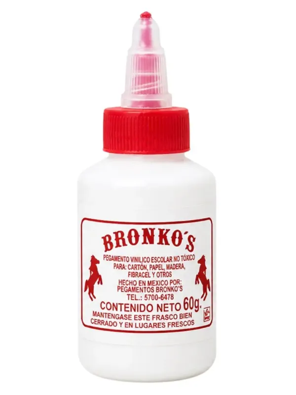 Pegamento líquido blanco Bronkos de 60 ml para uso escolar.