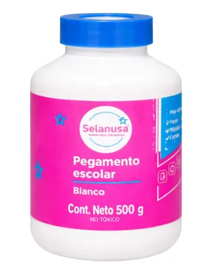 Pegamento Blanco Selanusa (500 ml) Envase de medio litro de pegamento blanco Selanusa.