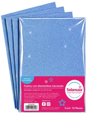 Paquete con 10 hojas de foamy carta diamantado azul cielo Selanusa al por mayor