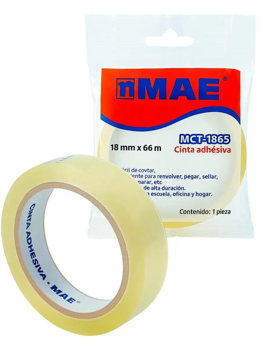 Cinta MAE Cristal 18mm x 65m Mayoreo Rollo de cinta adhesiva MAE cristal 18x65 para distribución mayorista.