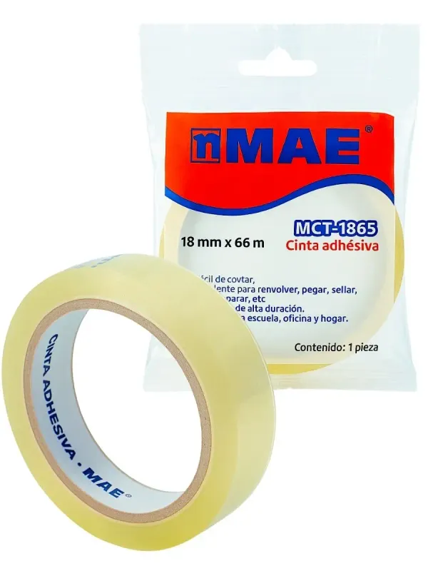 Rollo de cinta adhesiva MAE cristal 18x65 para distribución mayorista.