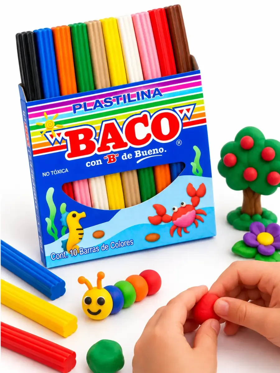 Caja unitaria de plastilina Baco 10 barras de colores en mostrador físico