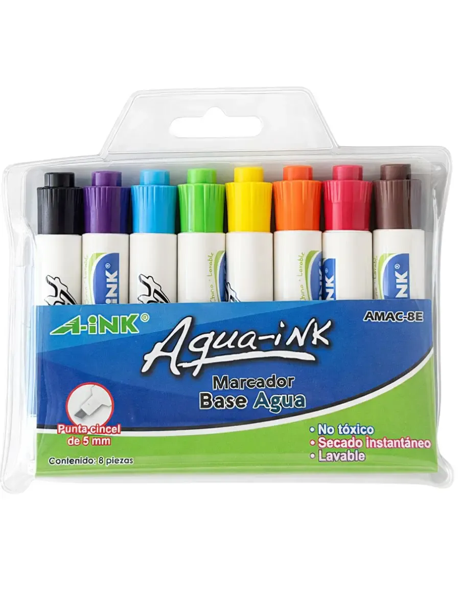 Caja de 8 marcadores base agua MAE Aink colores surtidos.