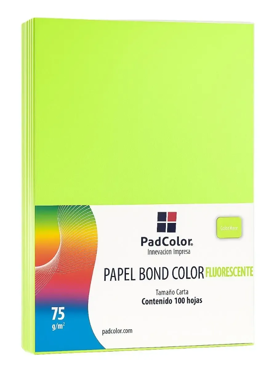 Hojas de Papel Verde Fluorescente Carta 75g (100 pzs) Paquete de 100 hojas verde neón fluorescente carta Padcolor.