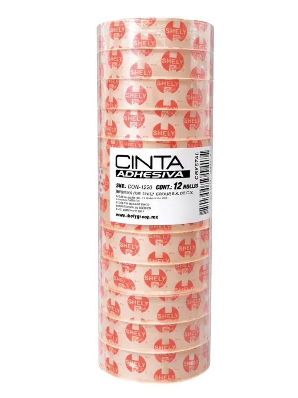 Paquete de 12 cintas transparentes Shely 12mm x 20m al mayoreo.