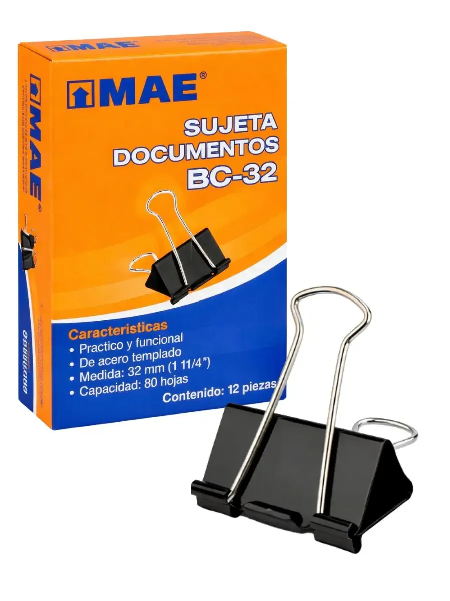 Caja de 12 sujetadocumentos MAE de 32 mm color negro.