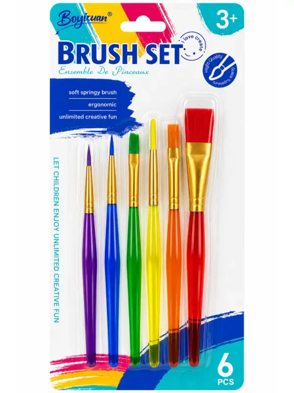 Set de 6 pinceles de colores surtidos para uso escolar