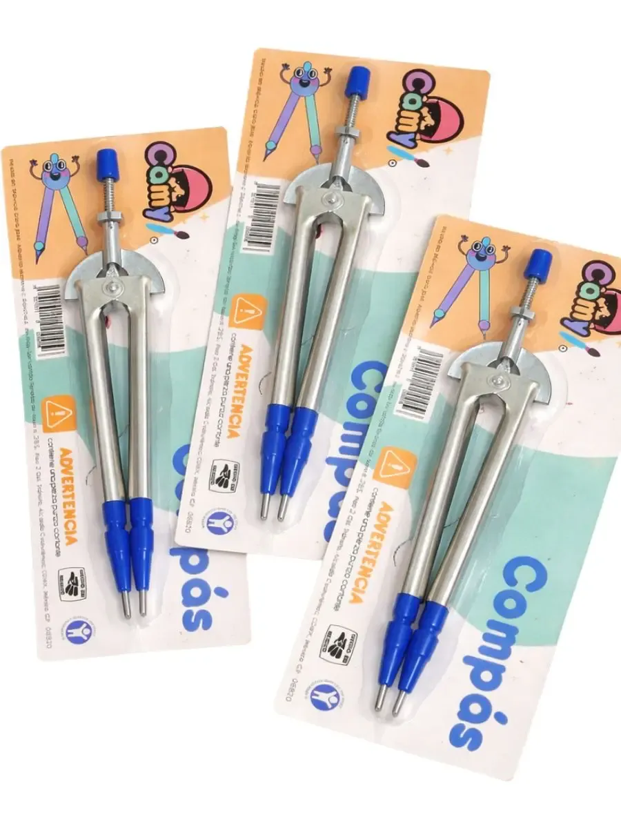 Compás escolar metálico marca Camy en empaque individual.