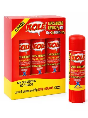 Lápiz Adhesivo KOLE 22g ( 6 piezas) - Mayoreo Paquete de 6 piezas de lápiz adhesivo KOLE 22g para papelerías