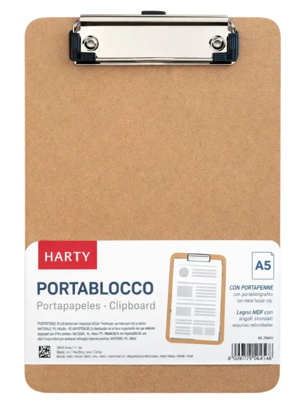 Tabla clip de madera tamaño media carta marca Harty al mayoreo.