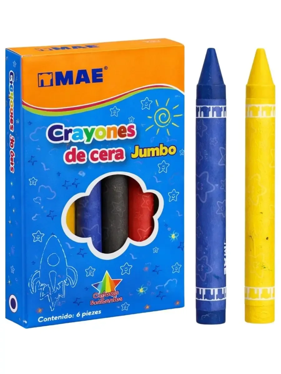 Crayones MAE jumbo redondos mayoreo caja con 6 colores.